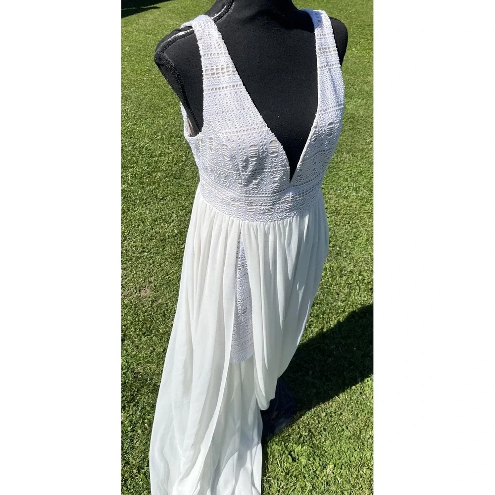 Ark & Co. Dress Womens Large White Deep V Lace‎ Fit & Flare Maxi Formal Gown